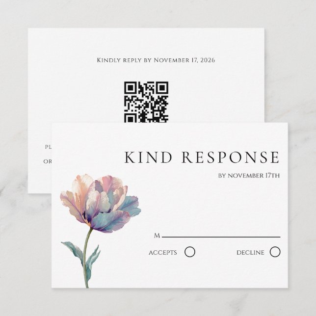 Cartão RSVP Watercolor Pink Purple Tulip QR Code Wedding (Frente/Verso)