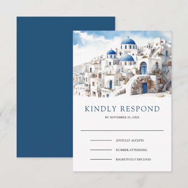 Cartão RSVP Watercolor Santorini Greece Wedding (Frente/Verso)