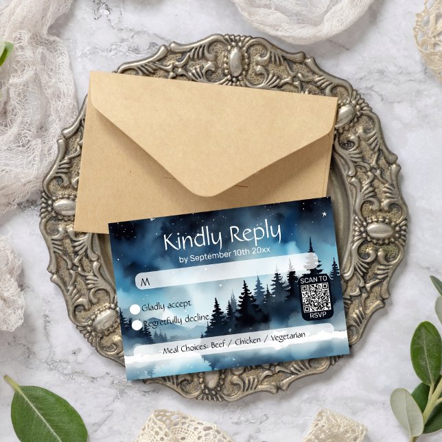 Cartão RSVP Watercolor Starry Night Celestial Wedal Código QR (Criador carregado)