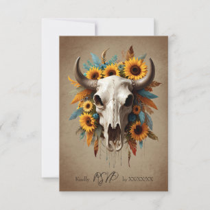Cartão RSVP Watercolor Sunflower Feather Cow Skull Casamento