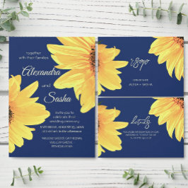 Cartão RSVP Watercolor Sunflowers dark blue Wedding