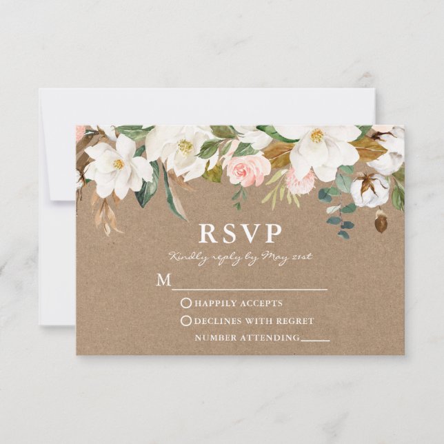 Cartão RSVP Watercolor White Magnolias Rosas Casamento Kraft (Frente)