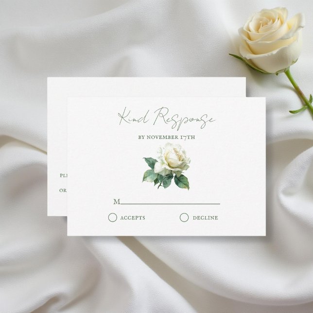 Cartão RSVP Watercolor White Rose Elegant Botanical Wedding (Criador carregado)