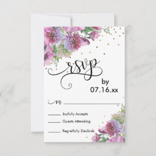 Cartão RSVP Watercolor Wildflower, Dourado Confetti, Script RS
