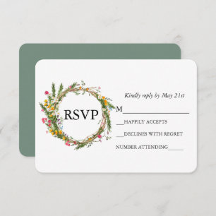 Cartão RSVP Watercolor Wildflower Wreath Wedding Sage Green
