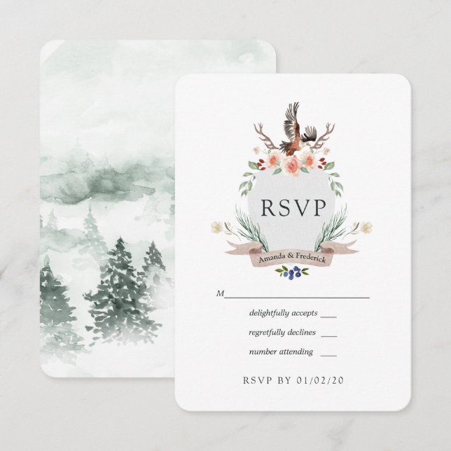 Cartão RSVP Watercolor Woodland Laurel Crest Casamento (Frente/Verso)