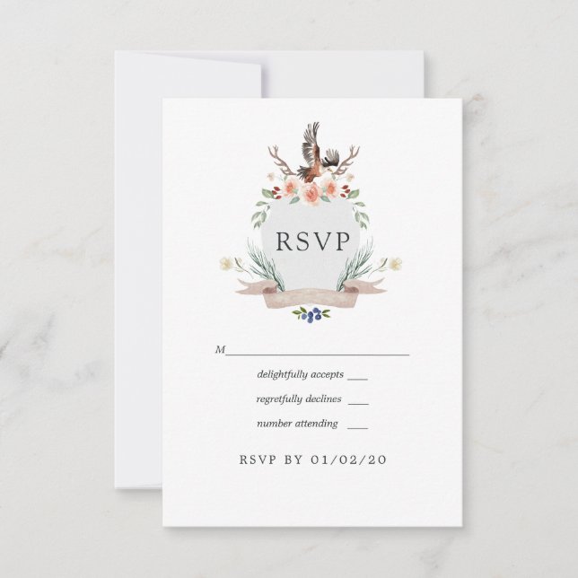 Cartão RSVP Watercolor Woodland Laurel Crest Casamento (Frente)