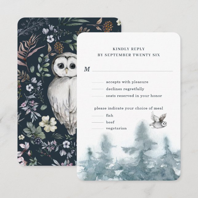 Cartão RSVP Watercolor Woodland Owl Botanical w Meal (Frente/Verso)