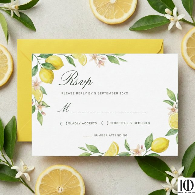 Cartão RSVP Watercolor Wreath Mediterranean Citrus Wedding (Criador carregado)
