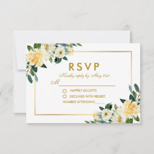 Cartão RSVP Watercolor Yellow White Floral Casamento Dourado B