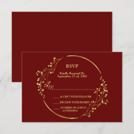 Cartão RSVP Wedding Golden Floral Geometric Wreath Red