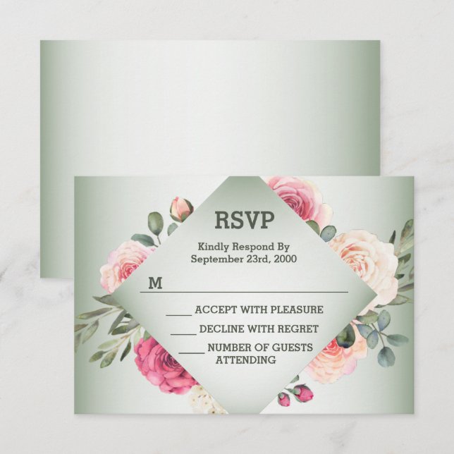 Cartão RSVP Wedding Pink Floral Rustic Geometric Green (Frente/Verso)