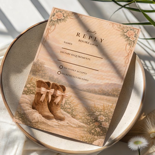 Cartão RSVP Western Lace Cowboy Boots Wedding (Criador carregado)
