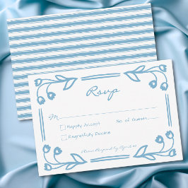 Cartão RSVP Whimsical Blue Hand Drawn Floral Stripe Wedding