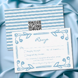 Cartão RSVP Whimsical Blue Hand Drawn Floral Stripe Wedding QR