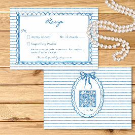 Cartão RSVP Whimsical Blue Watercolor Stripe Wedding QR