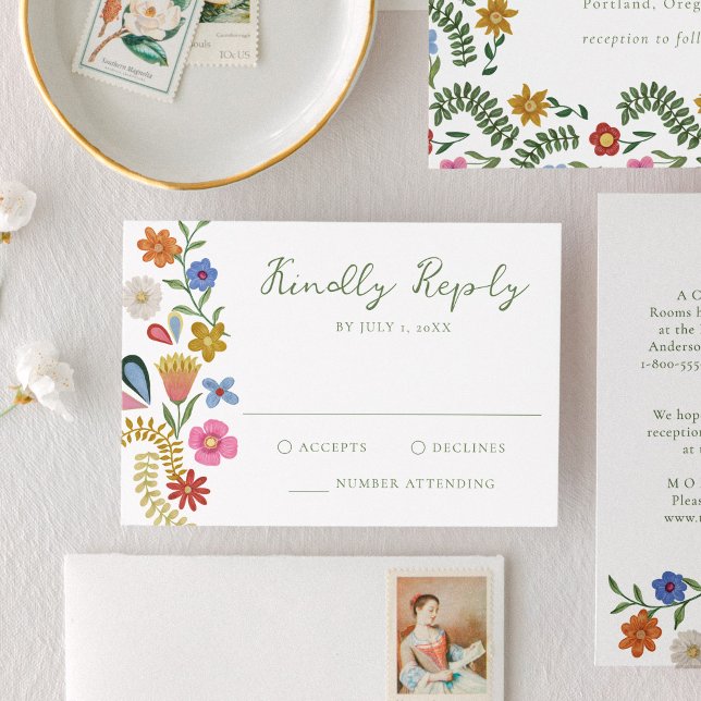 Cartão RSVP Whimsical Folk Art Floral Wedding (Criador carregado)