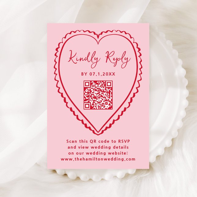 Cartão RSVP Whimsical Pink and Red Heart QR Code Wedding (Criador carregado)