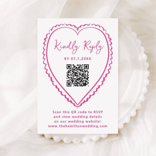 Cartão RSVP Whimsical Pink Heart QR Code Wedding (Criador carregado)