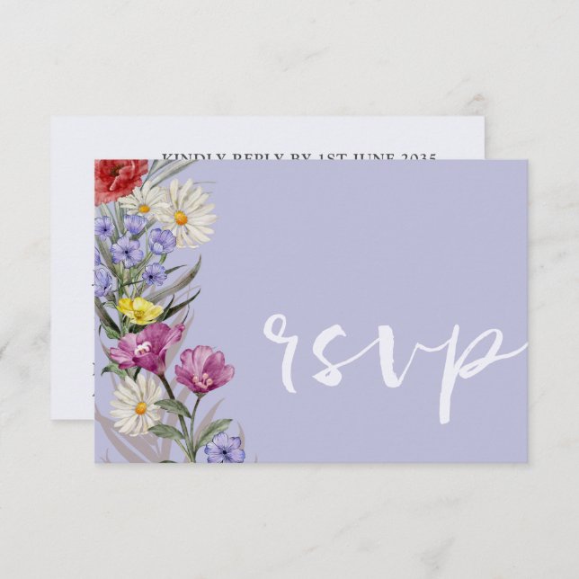 Cartão RSVP Whimsical Watercolor Wild Flower & Purple Weds (Frente/Verso)