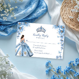 Cartão RSVP Whimsso Floral Dusty Azul Tiara Quinceañera