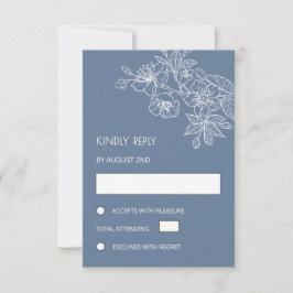 Cartão RSVP White Floral Line Art Dusty Blue Wedding