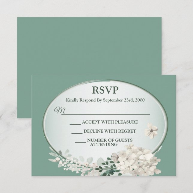Cartão RSVP White Jasmine Floral Green Geometric Wedding Party (Frente/Verso)
