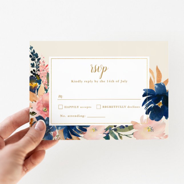 Cartão RSVP Wild Elegance | Marinho Blush e Dourado Casamento (Criador carregado)