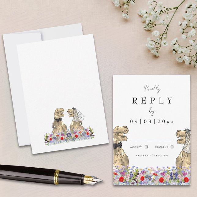 Cartão RSVP Wildflower Boho Dinosaur Weding Reply (Dinosaur wedding invitation reply enclosure card with T-Rex bride and groom and colorful wildflowers)