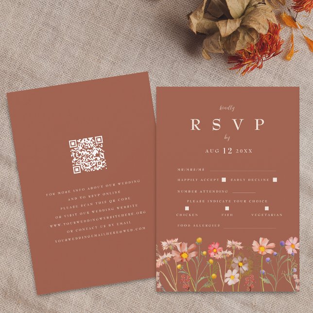 Cartão RSVP Wildflower Boho Fall Terracotta Meal Options (Wildflower boho fall floral terracotta rust beige Wedding qr code RSVP enclosure card Meal options)