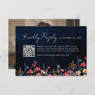 Cartão RSVP Wildflower Rustic Country Boho Marinho QR Code Fot