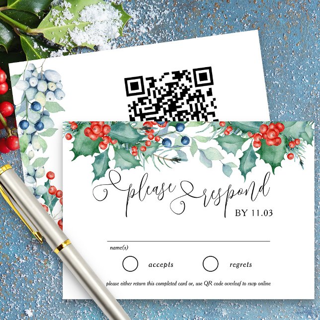 Cartão RSVP Winter Berries e Holly Wedding Website e (RSVP with option of traditional response or online rsvp from my Winter Berries wedding suite)