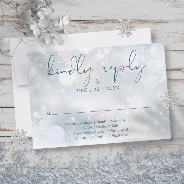 Cartão RSVP Winter Wonderland Elegant Script Snow Weding (Winter Wonderland Elegant Script Snow Wedding RSVP Card)