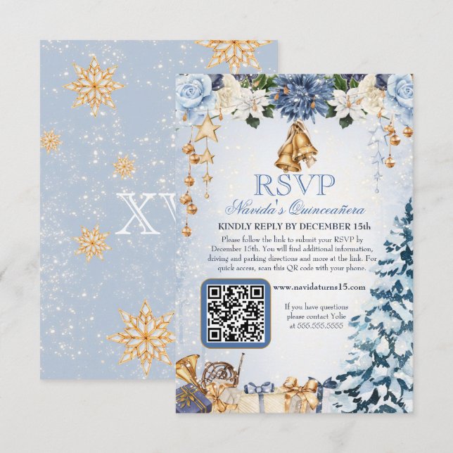 Cartão RSVP Winter Wonderland Holiday Quinceanera Código QR (Frente/Verso)