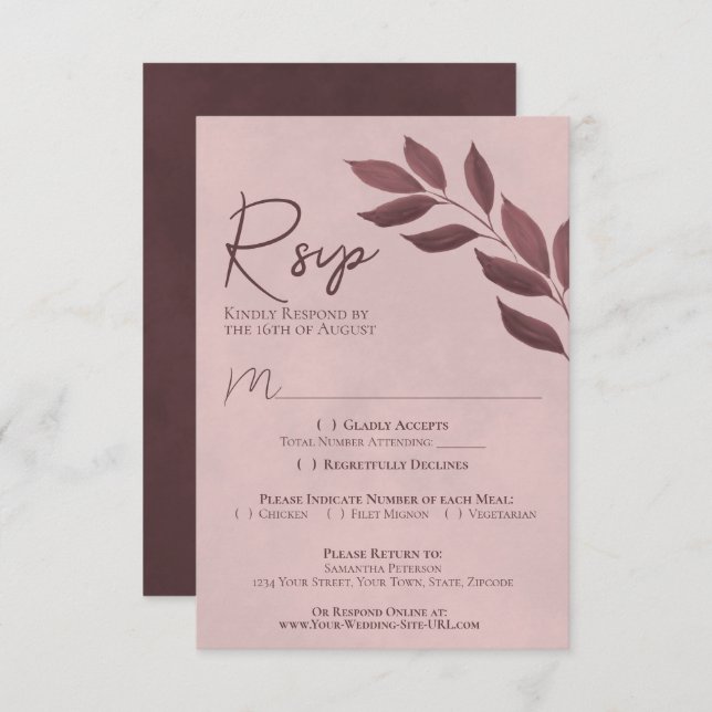 Cartão RSVP Wistful Deixa Dusty Rosa Modern Casamento Chic (Frente/Verso)