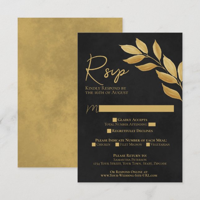 Cartão RSVP Wistful Deixa Preto e Dourado Casamento de Aquarel (Frente/Verso)