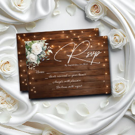Cartão RSVP Wood Rustic String Lights White Roses Casamento RS