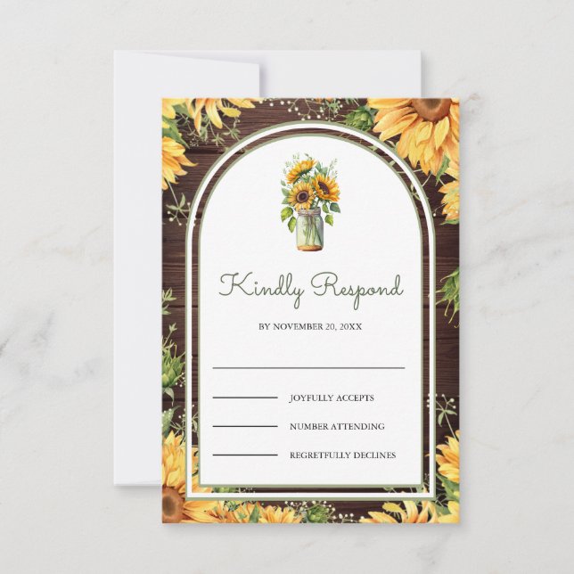Cartão RSVP Wood Sunflowers Mason Jar Arch Wedding (Frente)
