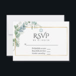 Cartão RSVP Woodland Eucalyptus Forest Greenery Bat Mitzvah<br><div class="desc">Placas RSVP Eucalyptus bat mitzvah em sotaques de prata com uma estrutura geométrica dourada projetada para ser rápida e facilmente personalizada de acordo com as especificações de seu evento.</div>