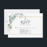 Cartão RSVP Woodland Eucalyptus Forest Greenery Bat Mitzvah<br><div class="desc">Placas RSVP Eucalyptus bat mitzvah em sotaques de prata com uma estrutura geométrica dourada projetada para ser rápida e facilmente personalizada de acordo com as especificações de seu evento.</div>