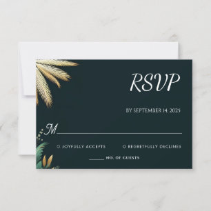 Cartão RSVP Wreath Teal Palm Beach Green E Dourado Casamento