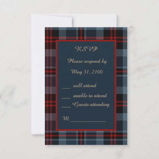 Cartão RSVP xadrez de tartan celta de casamento vermelho azul  (Frente)