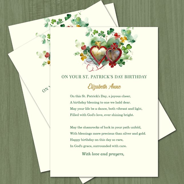 Cartão Rua, Aniversário de Patrick, Bênção de Camarões (St. Patrick's Day Birthday Blessed with hearts and shamrocks )