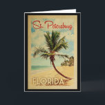 Cartão Rua Petersburg Palm Tree Viagens vintage<br><div class="desc">Uma Rua moderna do século médio exclusiva. impressão artístico de Petersburgo na Flórida no estilo viagens vintage. Ele apresenta uma palmeira curva na praia arenosa com oceano sob um céu azul nublado.</div>