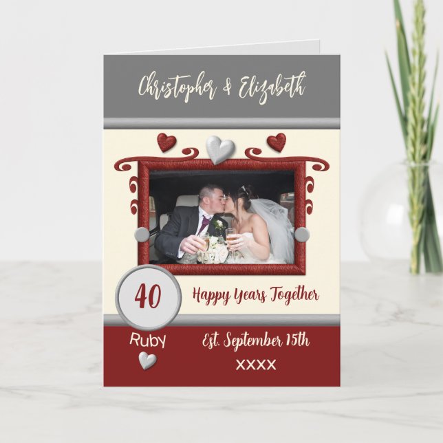 Cartão Ruby 40º aniversário adicione cinza de nomes de fo (Frente)