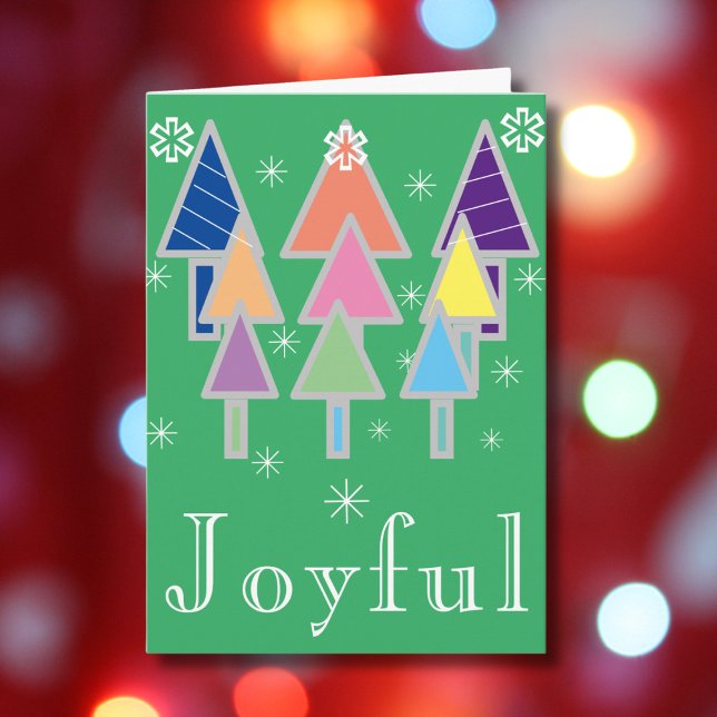 Cartão Russo, Joyful Holiday Script Name Green Christmas ('Joyful' green holiday card with colorful abstract art Christmas trees.)