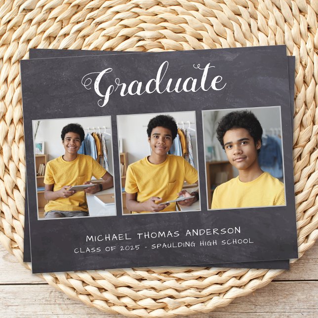 Cartão Rustic 3 Photo Chalkboard Budget Graduation (Criador carregado)