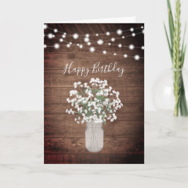 Cartão Rustic Baby's Breath Lights Mason Jar Birthday
