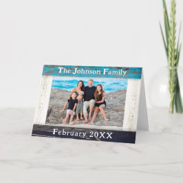 Cartão Rustic Blue Wood Frame Family Name Photo