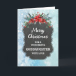 Cartão Rustic Chalkboard GodFilha Feliz Natal<br><div class="desc">Feliz Natal para uma carta afilhada com um padrão rústico de quadro-negro e folhagem de inverno com poinsettias.</div>